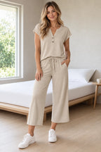 Women's Henley Lounge Set - Short Sleeve V-Neck Top & Cropped Wide-Leg Pants - Beige