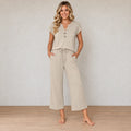 Women's Henley Lounge Set - Short Sleeve V-Neck Top & Cropped Wide-Leg Pants - Beige