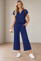 Women's Henley Lounge Set - Short Sleeve V-Neck Top & Cropped Wide-Leg Pants - Navy