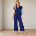 Women's Henley Lounge Set - Short Sleeve V-Neck Top & Cropped Wide-Leg Pants - Navy