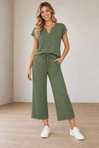 Women's Henley Lounge Set - Short Sleeve V-Neck Top & Cropped Wide-Leg Pants - Sage Green
