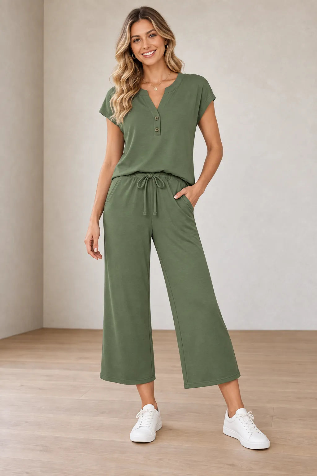 Women's Henley Lounge Set - Short Sleeve V-Neck Top & Cropped Wide-Leg Pants - Sage Green