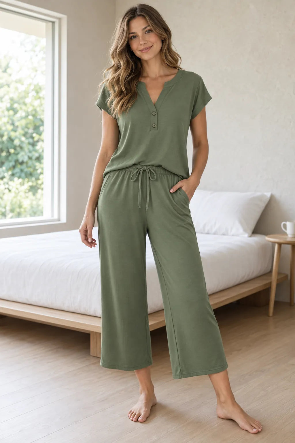 Women's Henley Lounge Set - Short Sleeve V-Neck Top & Cropped Wide-Leg Pants - Sage Green