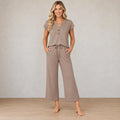Women's Henley Lounge Set - Short Sleeve V-Neck Top & Cropped Wide-Leg Pants - Taupe