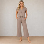 Women's Henley Lounge Set - Short Sleeve V-Neck Top & Cropped Wide-Leg Pants - Taupe