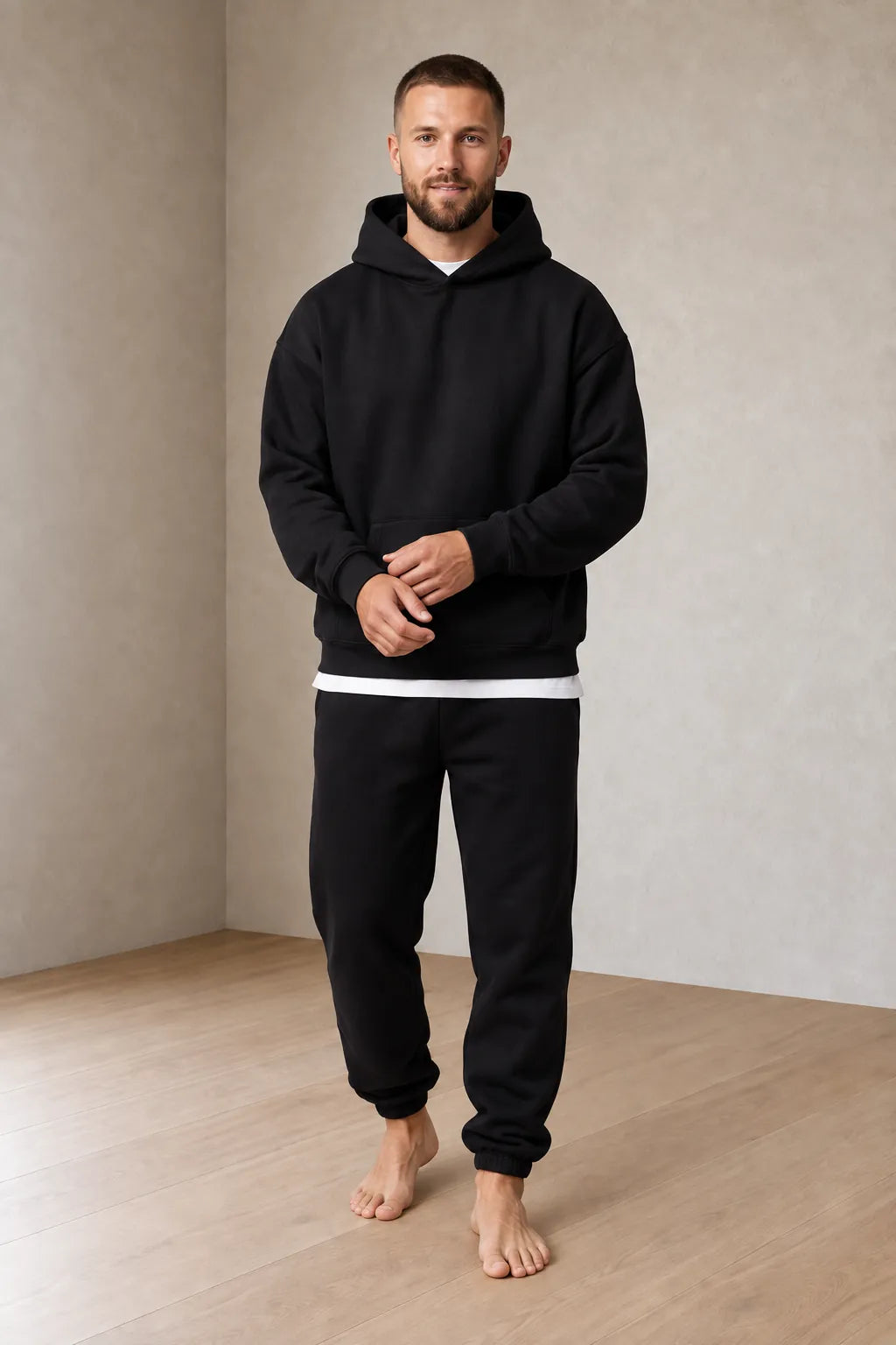 Men's Hoodie Lounge Set - Oversized Hoodie & Cuffed Joggers - Black