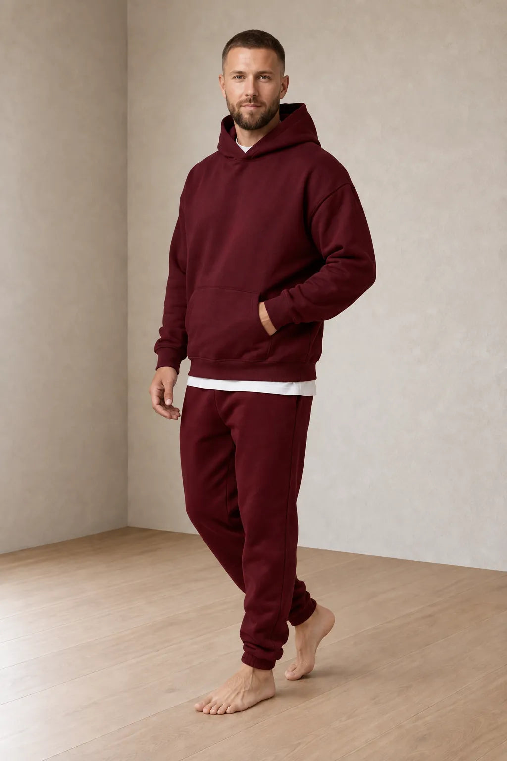 Men's Hoodie Lounge Set - Oversized Hoodie & Cuffed Joggers - Burgundy