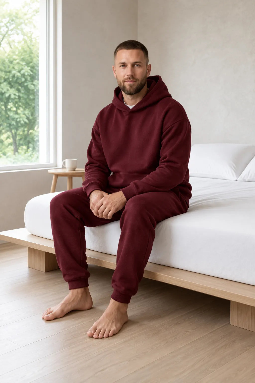 Men's Hoodie Lounge Set - Oversized Hoodie & Cuffed Joggers - Burgundy