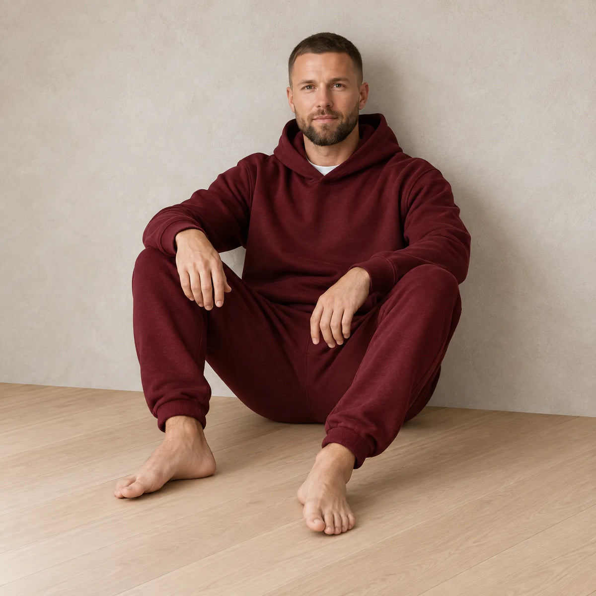 Men's Hoodie Lounge Set - Oversized Hoodie & Cuffed Joggers - Burgundy