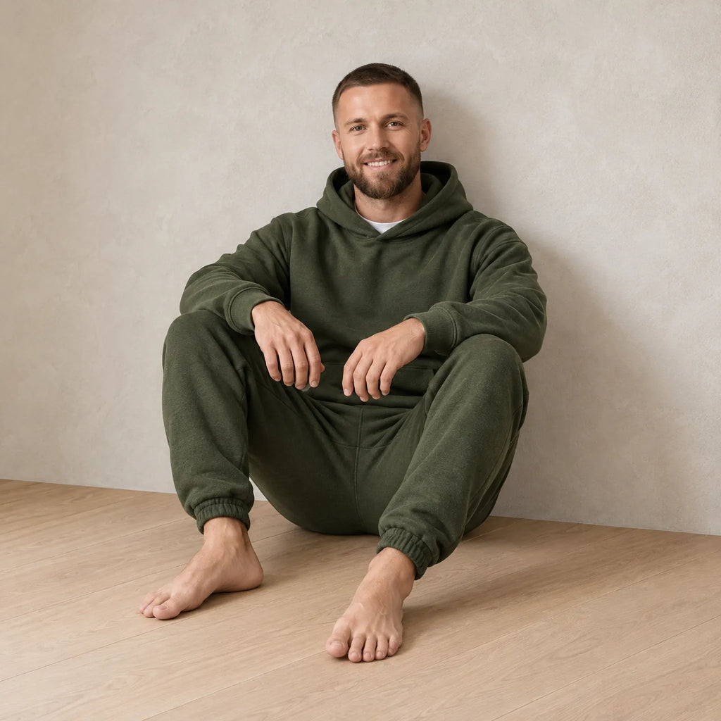 Men's Hoodie Lounge Set - Oversized Hoodie & Cuffed Joggers - Olive