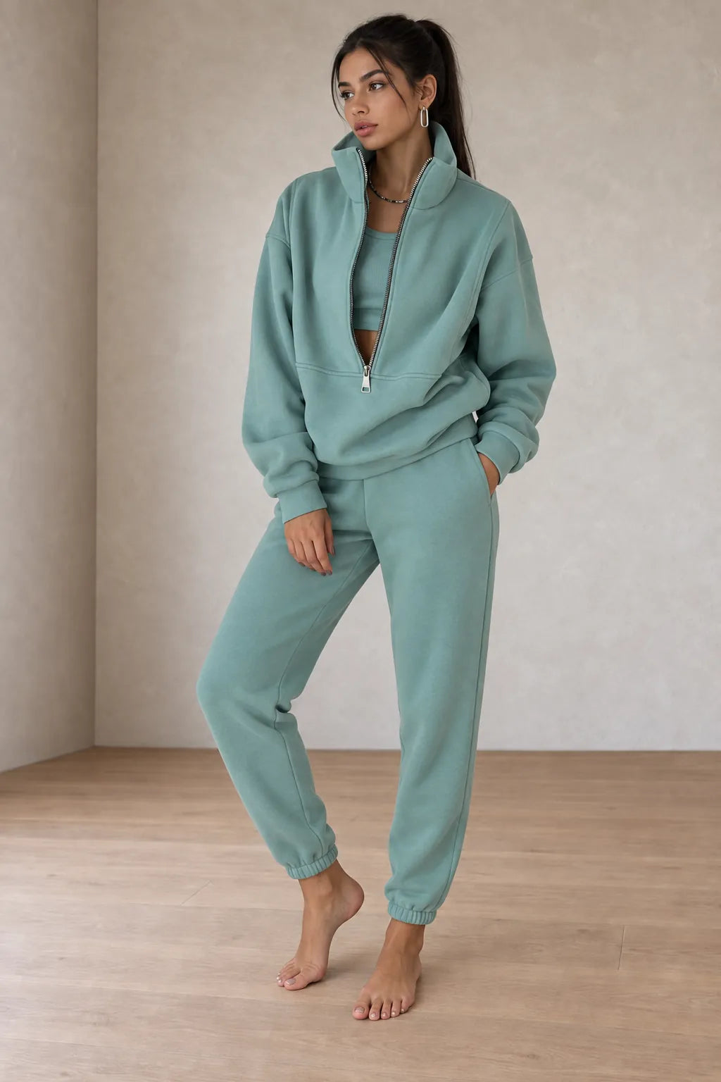 Women's Half-Zip Lounge Set - Oversized Sweatshirt & Tapered Joggers - Mint