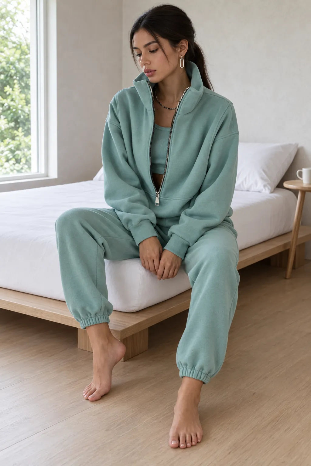 Women's Half-Zip Lounge Set - Oversized Sweatshirt & Tapered Joggers - Mint