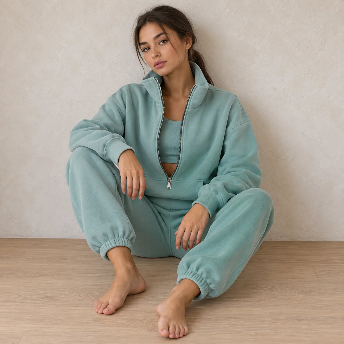 Women's Half-Zip Lounge Set - Oversized Sweatshirt & Tapered Joggers - Mint