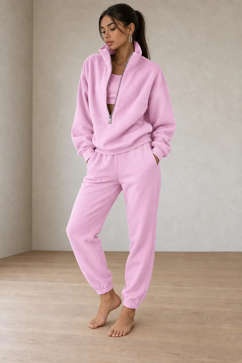 Women's Half-Zip Lounge Set - Oversized Sweatshirt & Tapered Joggers - Pink