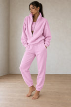 Women's Half-Zip Lounge Set - Oversized Sweatshirt & Tapered Joggers - Pink