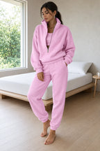 Women's Half-Zip Lounge Set - Oversized Sweatshirt & Tapered Joggers - Pink