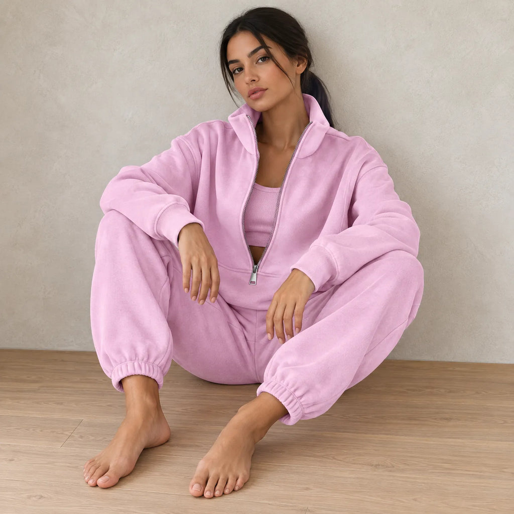 Women's Half-Zip Lounge Set - Oversized Sweatshirt & Tapered Joggers - Pink