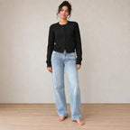Women's Cropped Cardigan - Crew Neck Button-Front Knit Sweater - Black
