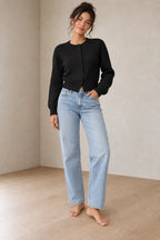 Women's Cropped Cardigan - Crew Neck Button-Front Knit Sweater - Black