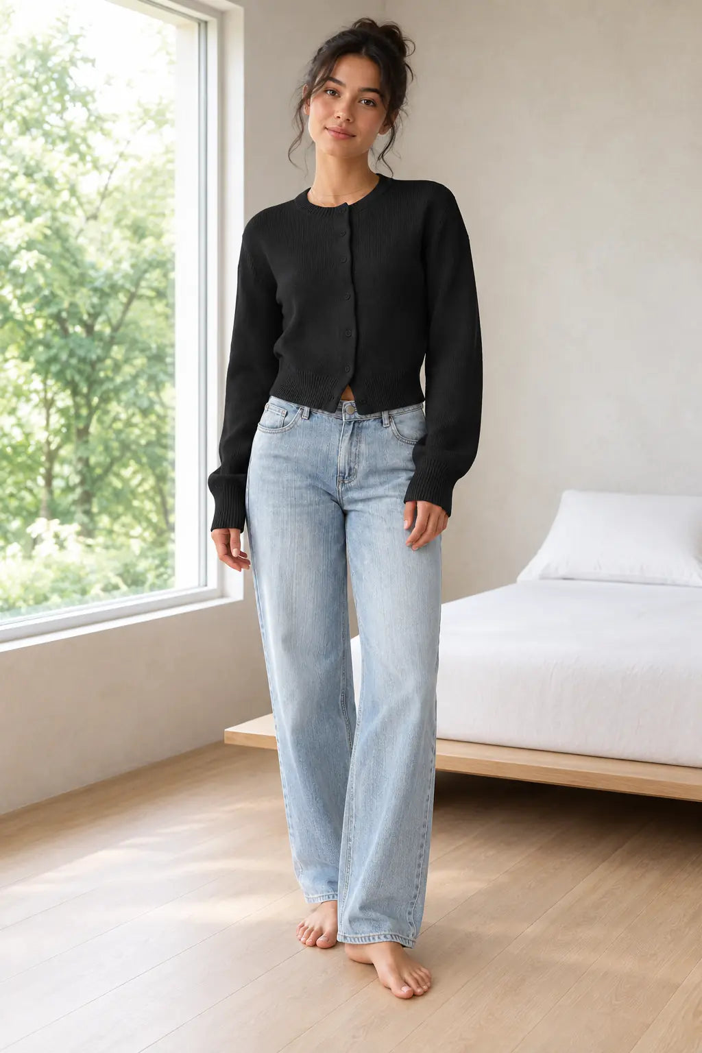 Women's Cropped Cardigan - Crew Neck Button-Front Knit Sweater - Black