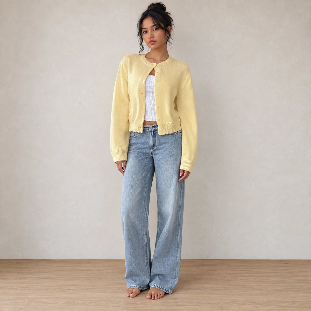Women's Cropped Cardigan - Crew Neck Button-Front Knit Sweater - Butter Yellow