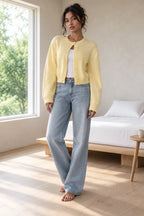 Women's Cropped Cardigan - Crew Neck Button-Front Knit Sweater - Butter Yellow