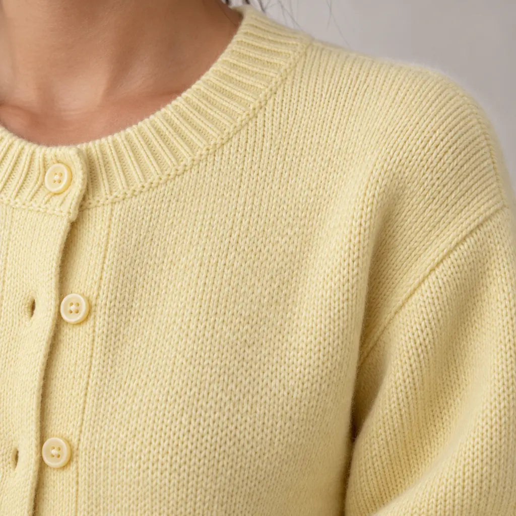 Women's Cropped Cardigan - Crew Neck Button-Front Knit Sweater - Butter Yellow