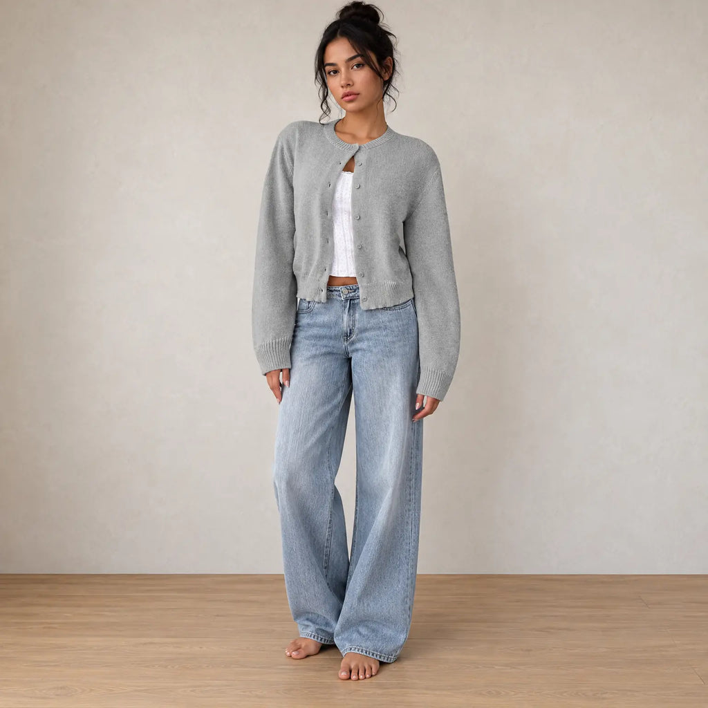 Women's Cropped Cardigan - Crew Neck Button-Front Knit Sweater - Gray