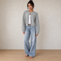 Women's Cropped Cardigan - Crew Neck Button-Front Knit Sweater - Gray
