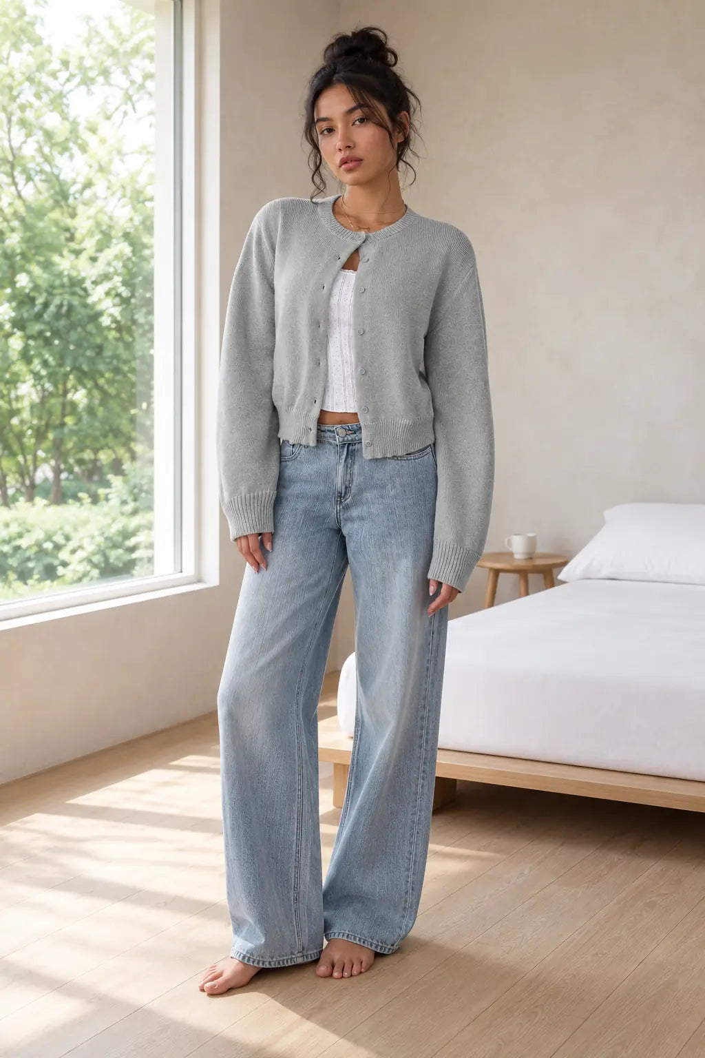 Women's Cropped Cardigan - Crew Neck Button-Front Knit Sweater - Gray