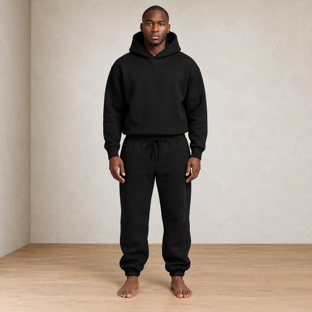 Men's Hoodie Lounge Set - Pullover Hoodie & Drawstring Jogger Pants - Black