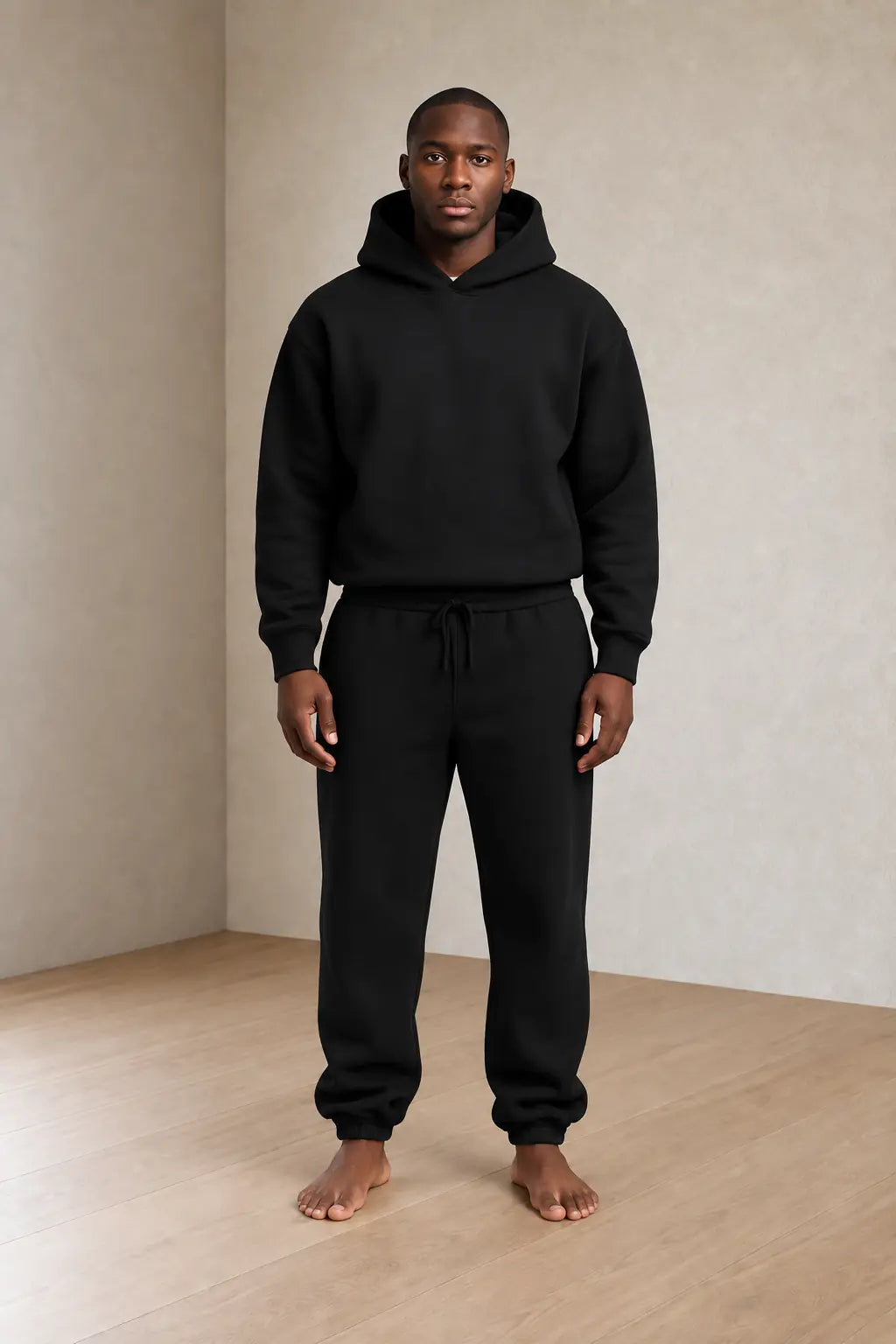 Men's Hoodie Lounge Set - Pullover Hoodie & Drawstring Jogger Pants - Black