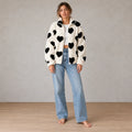 Women's Teddy Fleece Jacket - Heart Print Full-Zip Sherpa Jacket - Ivory Black Heart