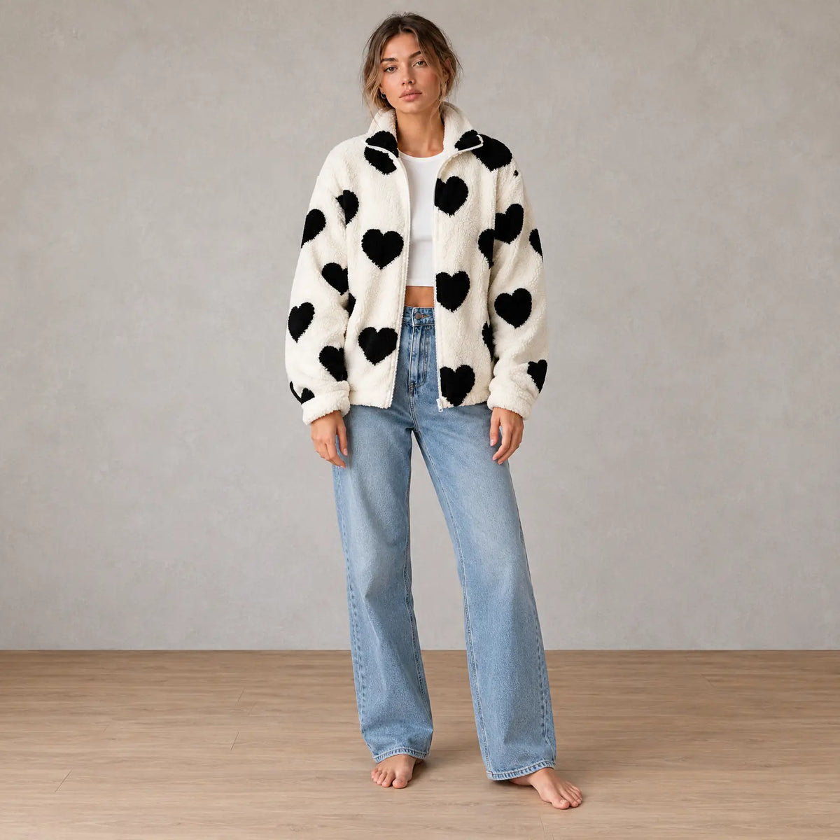 Women's Teddy Fleece Jacket - Heart Print Full-Zip Sherpa Jacket - Ivory Black Heart