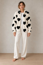 Women's Teddy Fleece Jacket - Heart Print Full-Zip Sherpa Jacket - Ivory Black Heart