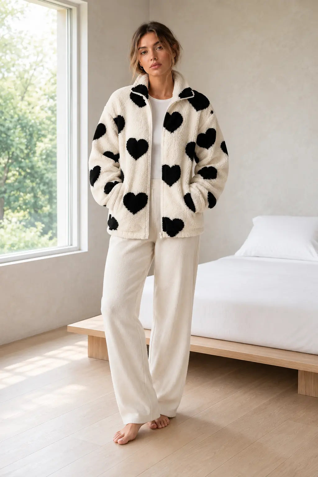 Women's Teddy Fleece Jacket - Heart Print Full-Zip Sherpa Jacket - Ivory Black Heart