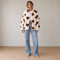 Women's Teddy Fleece Jacket - Heart Print Full-Zip Sherpa Jacket - Ivory Brown Heart
