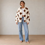 Women's Teddy Fleece Jacket - Heart Print Full-Zip Sherpa Jacket - Ivory Brown Heart