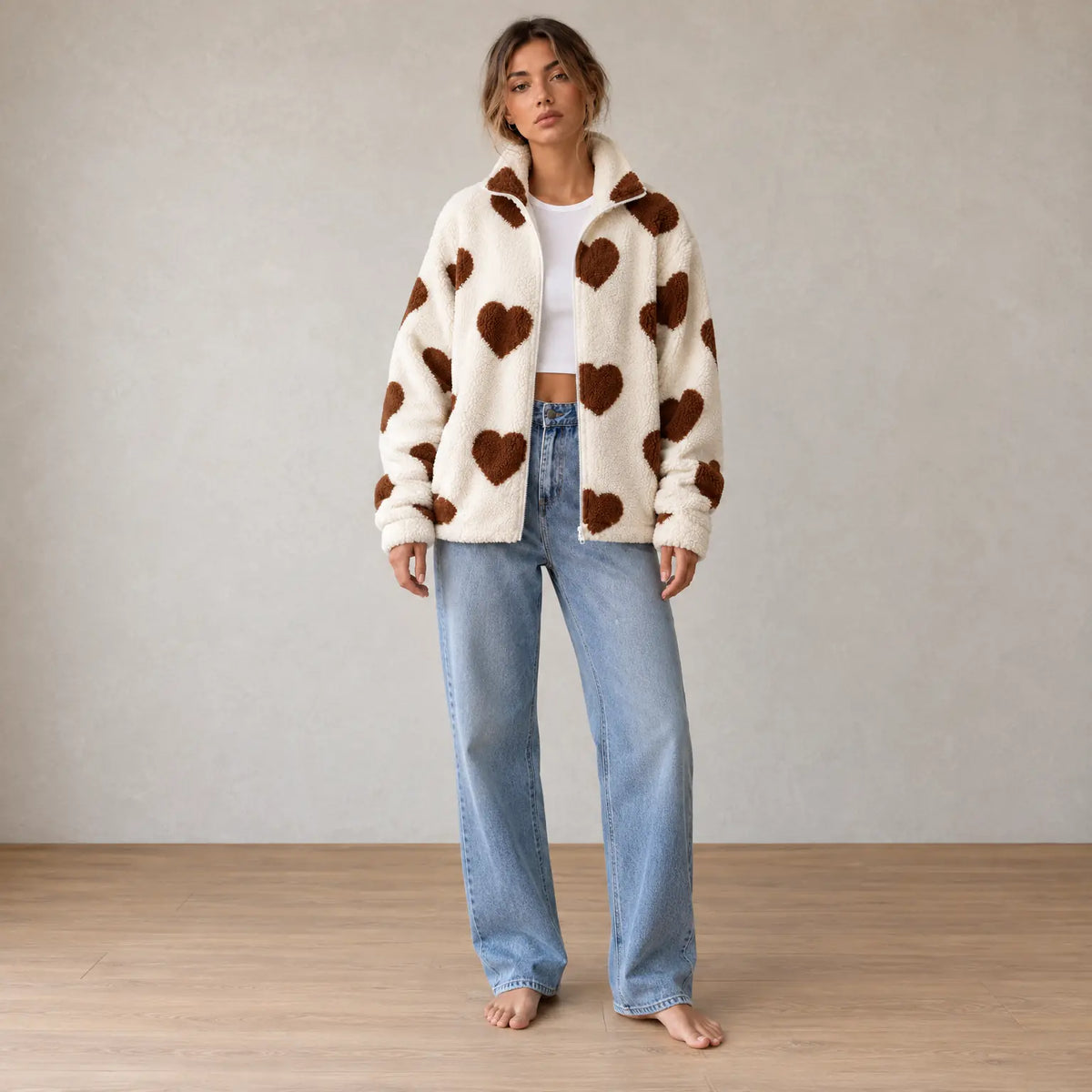 Women's Teddy Fleece Jacket - Heart Print Full-Zip Sherpa Jacket - Ivory Brown Heart