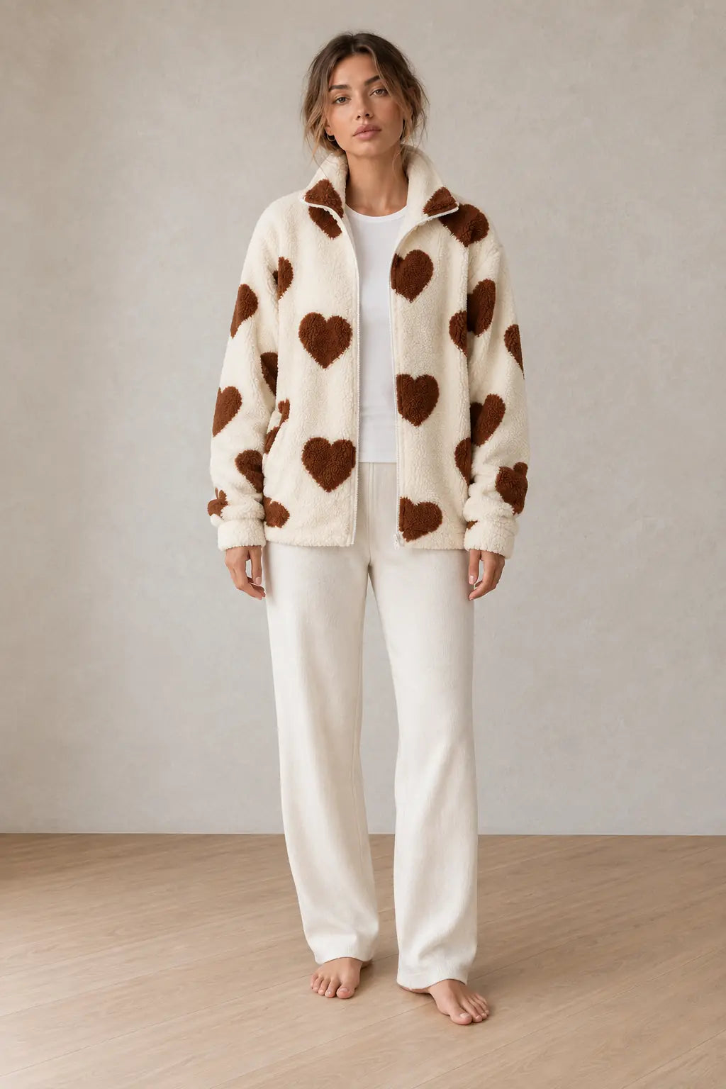 Women's Teddy Fleece Jacket - Heart Print Full-Zip Sherpa Jacket - Ivory Brown Heart