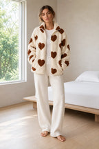 Women's Teddy Fleece Jacket - Heart Print Full-Zip Sherpa Jacket - Ivory Brown Heart