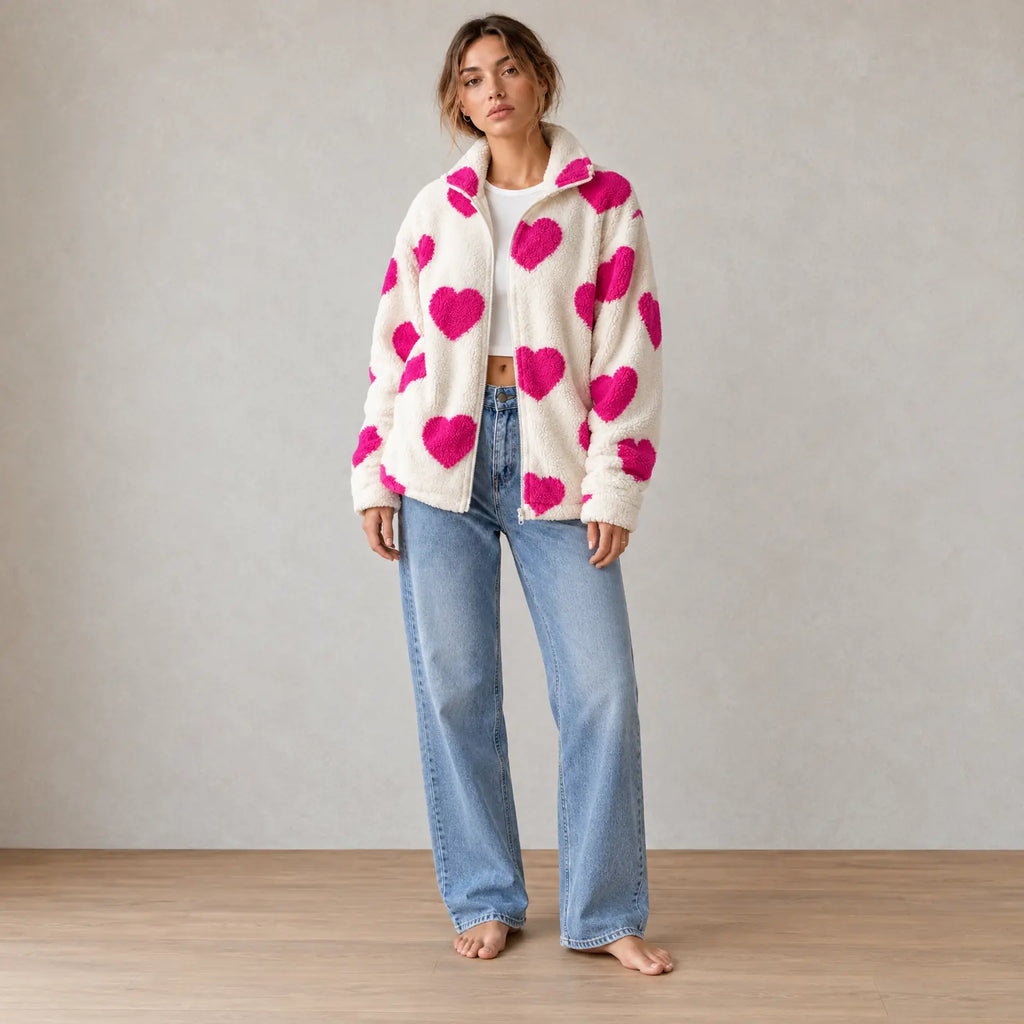 Women's Teddy Fleece Jacket - Heart Print Full-Zip Sherpa Jacket - Ivory Pink Heart