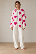 Women's Teddy Fleece Jacket - Heart Print Full-Zip Sherpa Jacket - Ivory Pink Heart