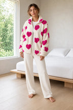 Women's Teddy Fleece Jacket - Heart Print Full-Zip Sherpa Jacket - Ivory Pink Heart