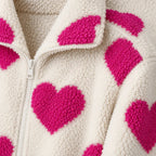 Women's Teddy Fleece Jacket - Heart Print Full-Zip Sherpa Jacket - Ivory Pink Heart