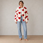 Women's Teddy Fleece Jacket - Heart Print Full-Zip Sherpa Jacket - Ivory Red Heart