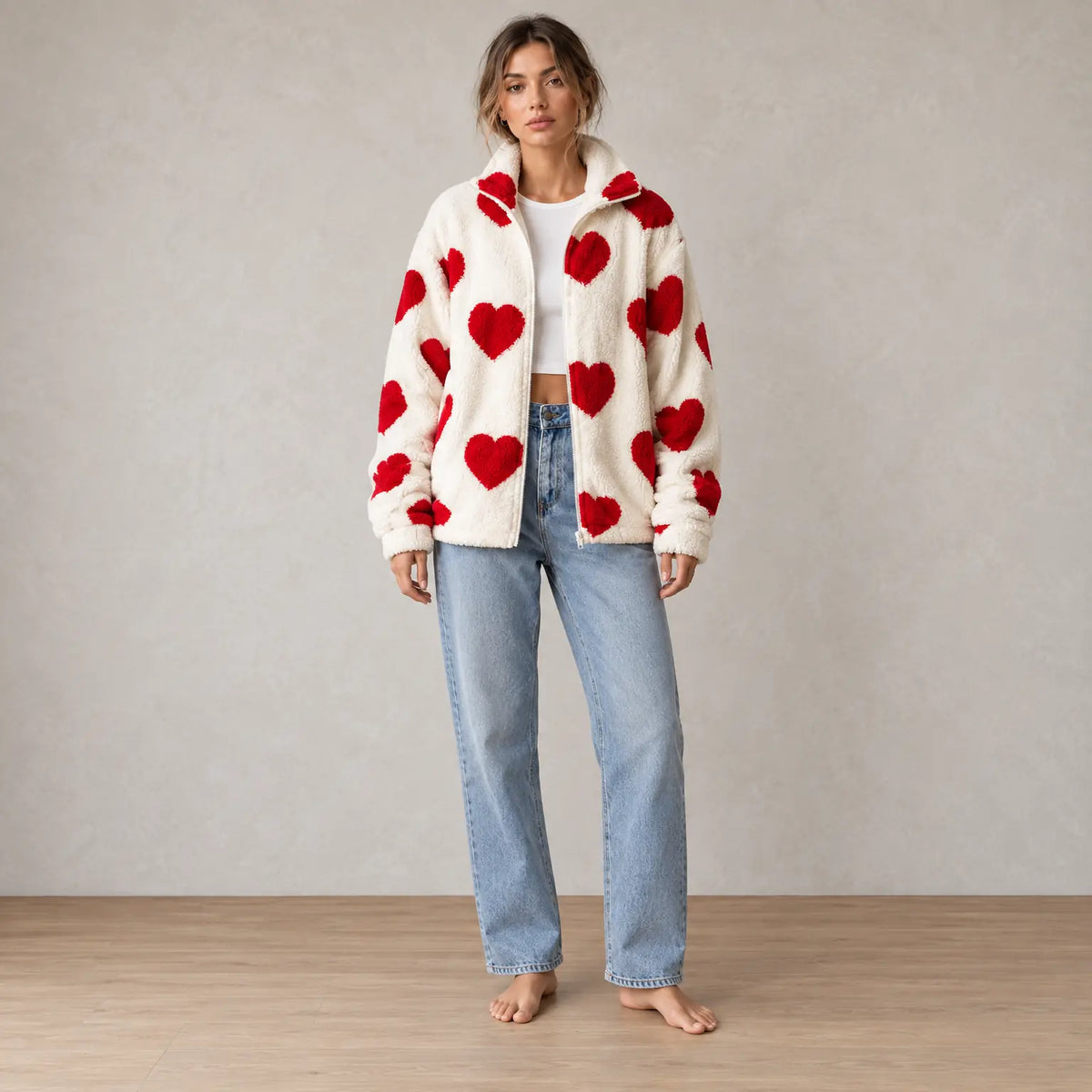 Women's Teddy Fleece Jacket - Heart Print Full-Zip Sherpa Jacket - Ivory Red Heart