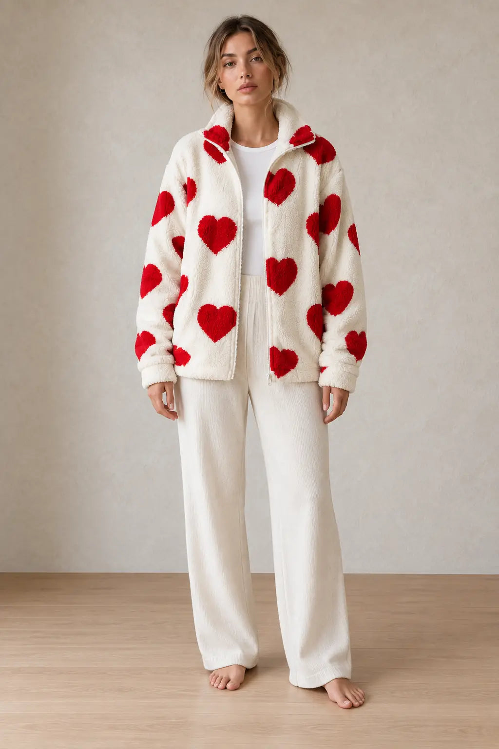 Women's Teddy Fleece Jacket - Heart Print Full-Zip Sherpa Jacket - Ivory Red Heart
