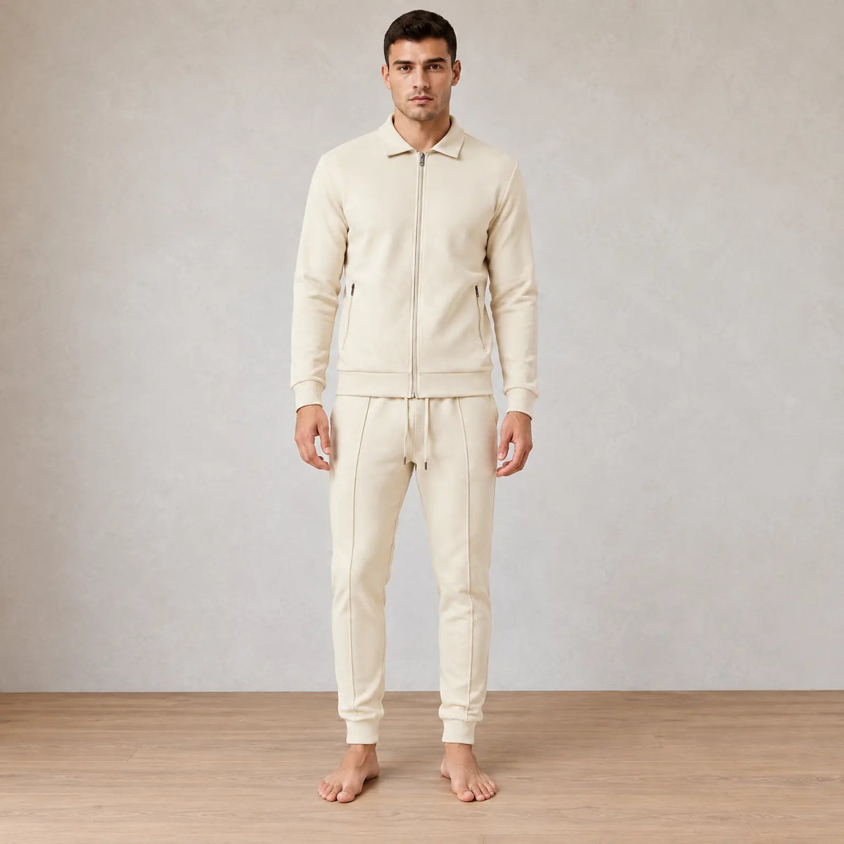 Men's Waffle Knit Lounge Set - Collared Full-Zip Top & Tapered Joggers - Beige