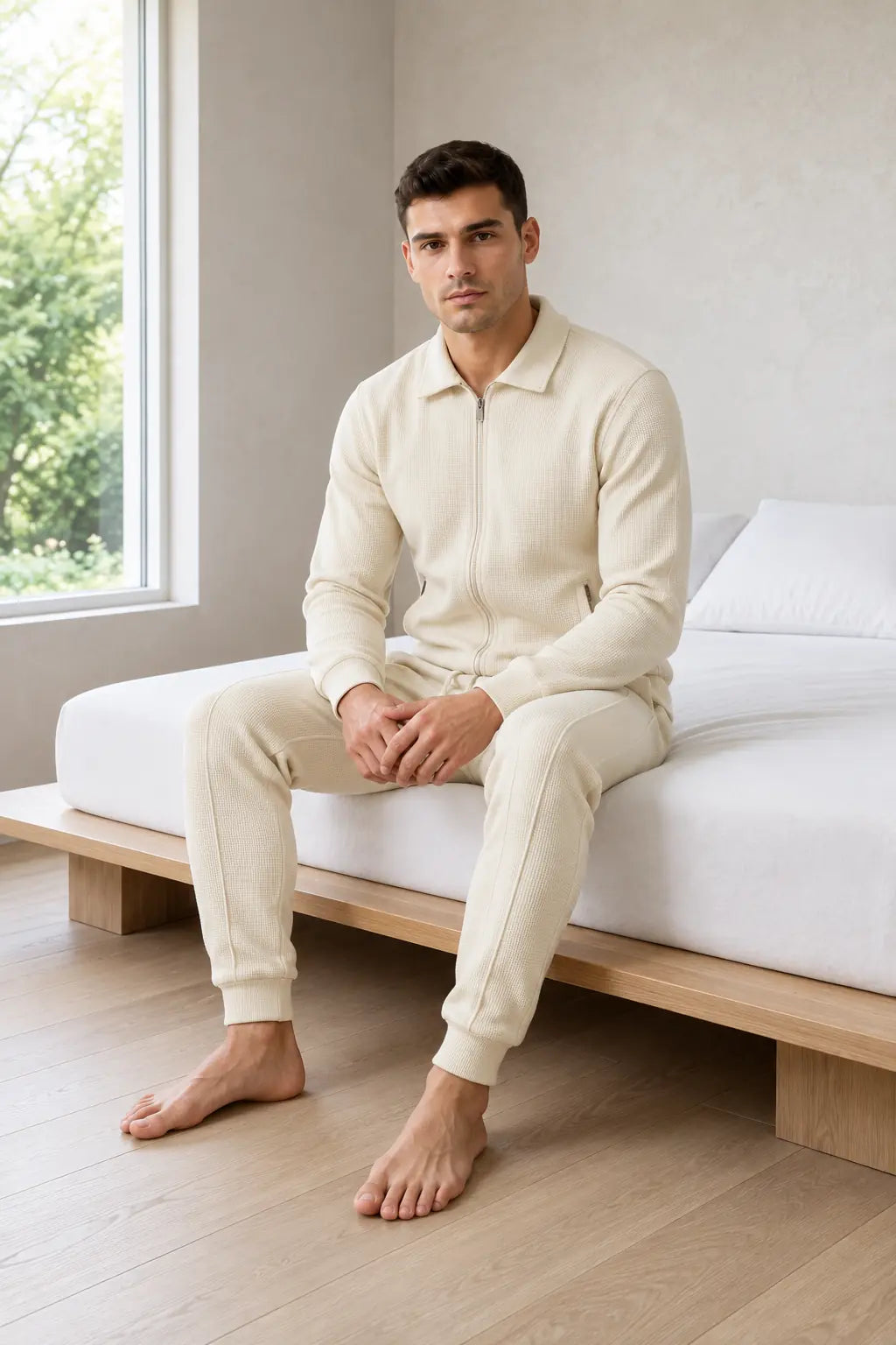 Men's Waffle Knit Lounge Set - Collared Full-Zip Top & Tapered Joggers - Beige